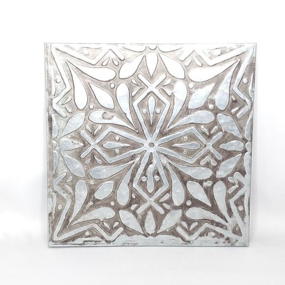 NEW Floral Embossed Distressed Metal Square Tile Wall Hanging Silver Gray 10" - Picture 1 of 2